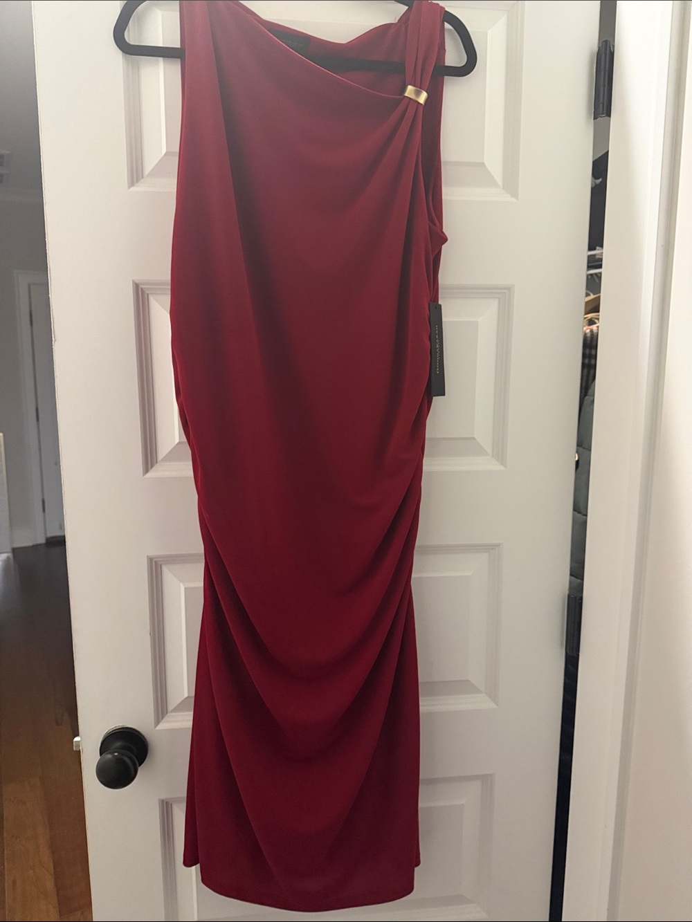 Donna Karan One-Shoulder Draped Burgundy Dress with Gold Accent